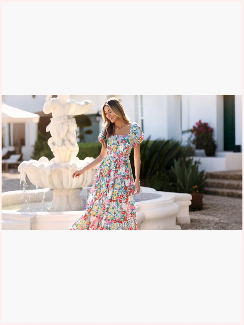 Puff Sleeve Maxi Dress Square Neck Smocked Tiered A-Line Flowy Pockets - Picture 7 of 7